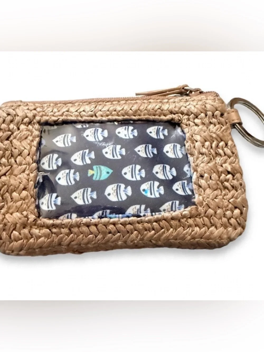 Vera Bradley Go Fish Blue Straw ID/Key Warm Rich Stone Embroidered Fish Retired